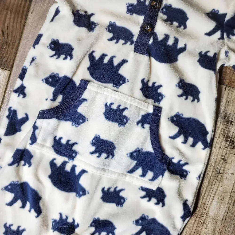 Carter's One Piece Fleece Hooded Jumper Jumpsuit White Blue Bears Size 12m EUC